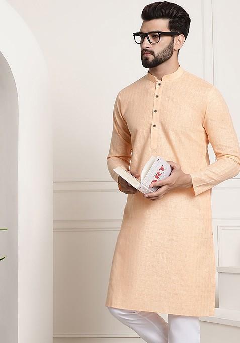 Peach Checked Poly Blend Kurta For Men