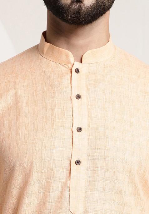 Peach Checked Poly Blend Kurta For Men