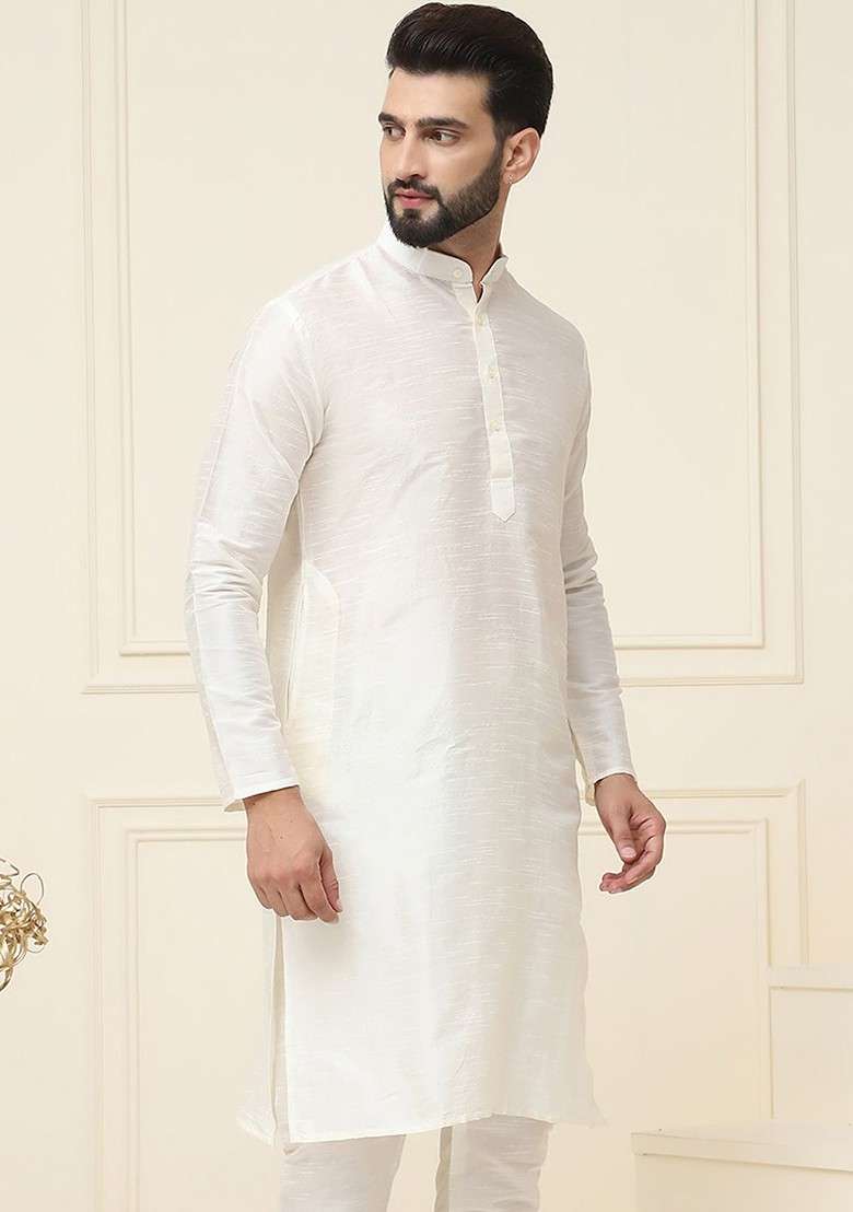 Off White Solid Poly Blend Kurta For Men - Indya