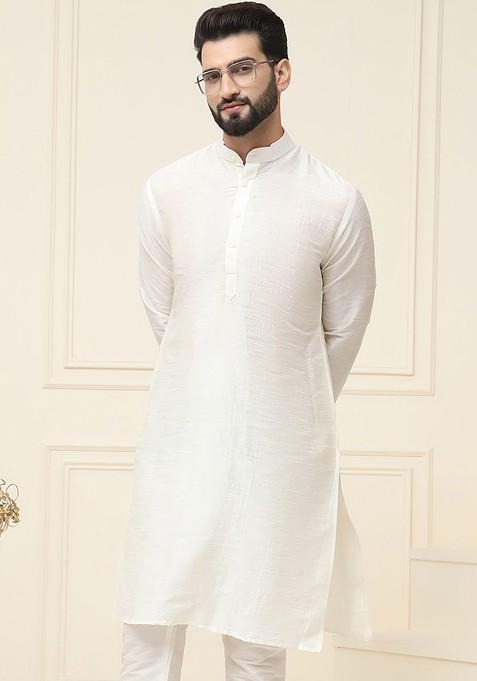 Off White Solid Poly Blend Kurta For Men