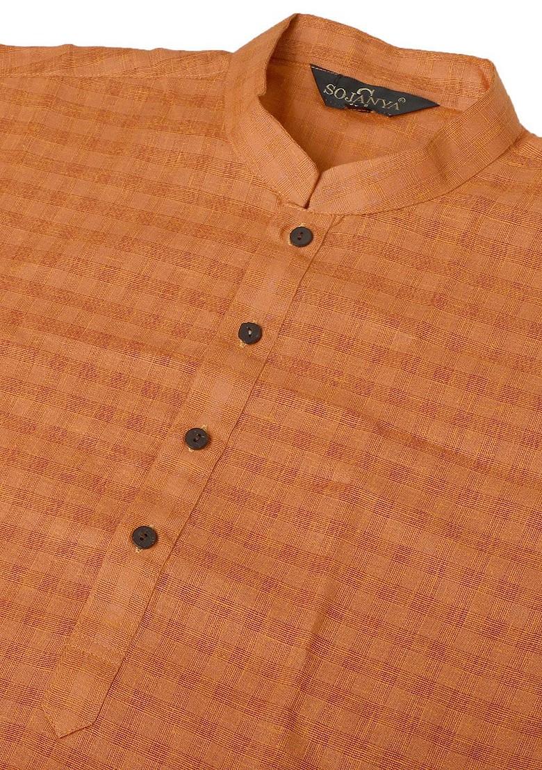 Orange Checked Poly Blend Kurta For Men