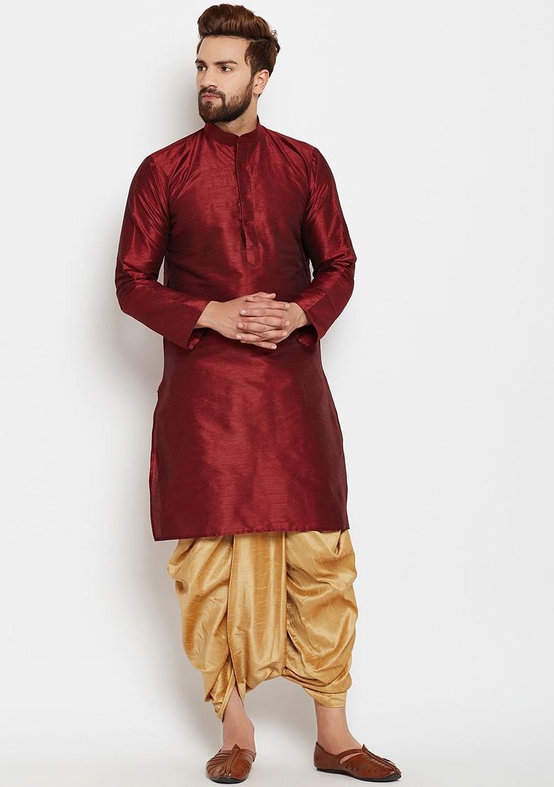 Maroon Solid Poly Blend Kurta For Men