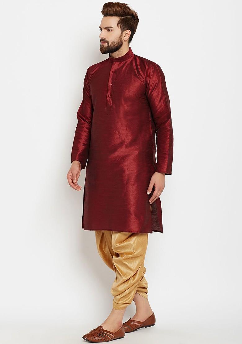Maroon Solid Poly Blend Kurta For Men