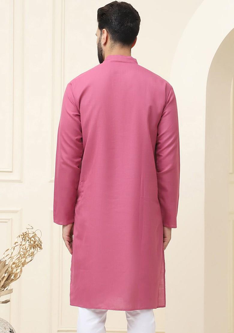 Pink Solid Poly Blend Kurta For Men