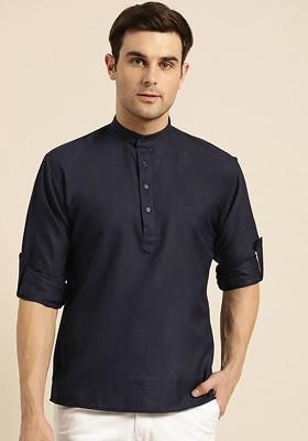 Navy Blue Solid Poly Blend Kurta For Men