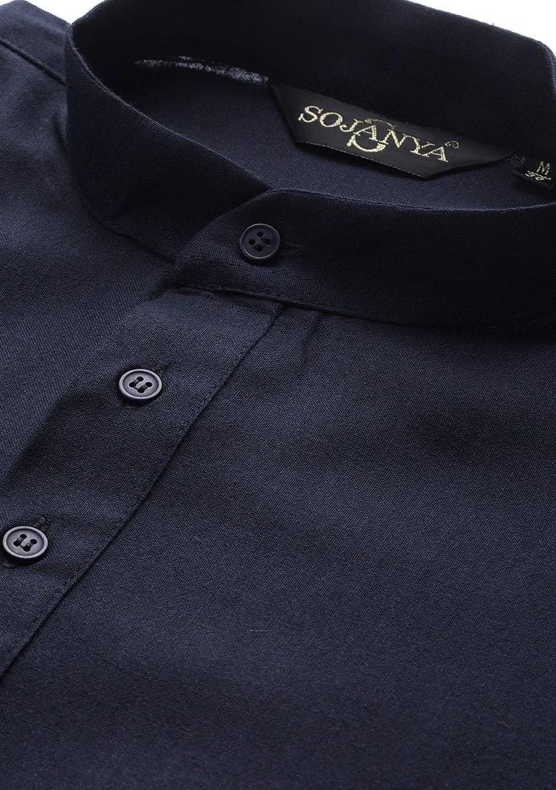 Navy Blue Solid Poly Blend Kurta For Men