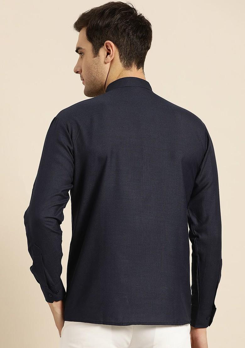 Navy Blue Solid Poly Blend Kurta For Men