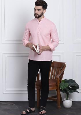 Pink Solid Poly Blend Kurta For Men