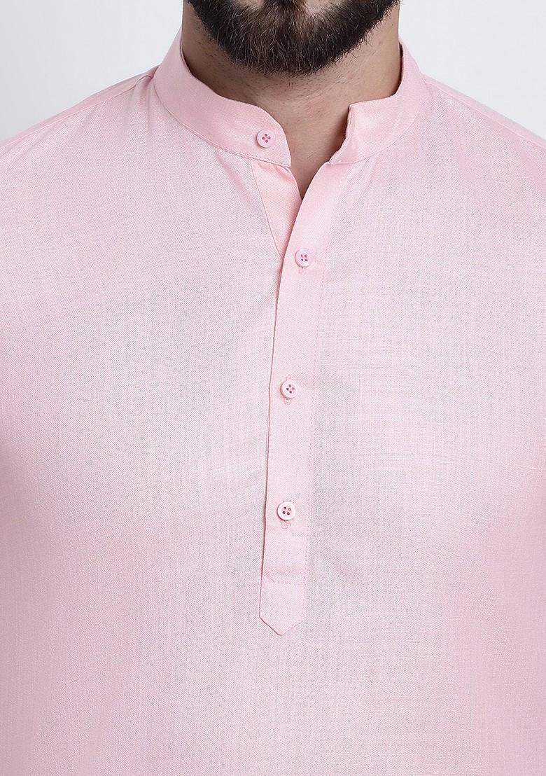 Pink Solid Poly Blend Kurta For Men