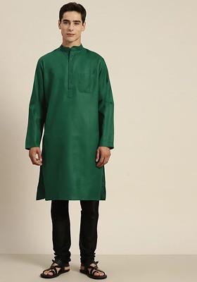 Green Solid Cotton Kurta For Men