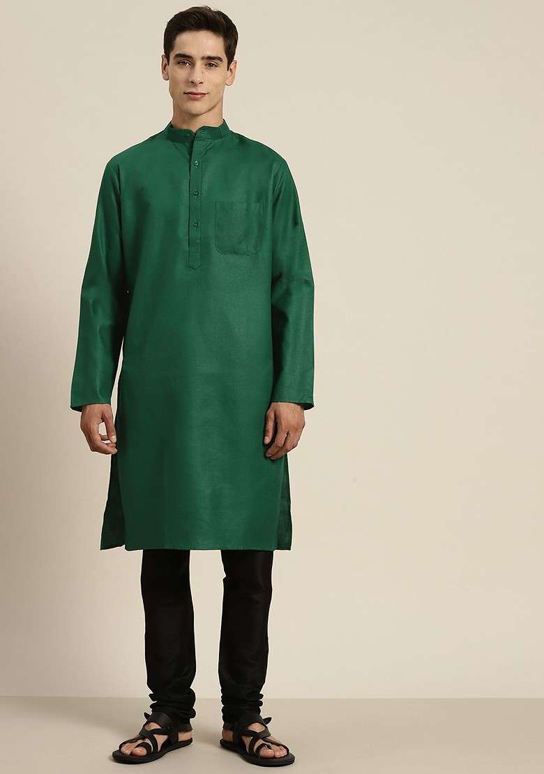 Green Solid Cotton Kurta For Men - Indya