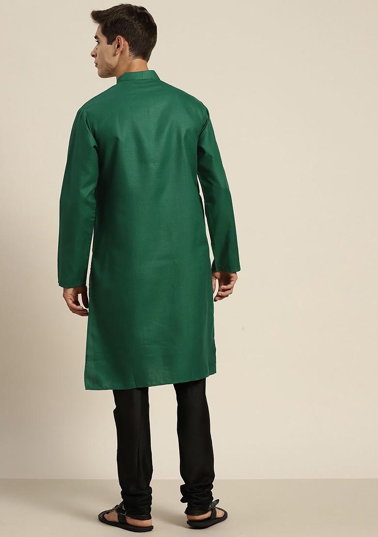 Green Solid Cotton Kurta For Men
