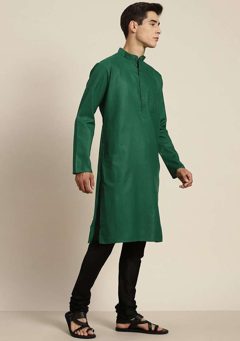 Green Solid Cotton Kurta For Men - Indya