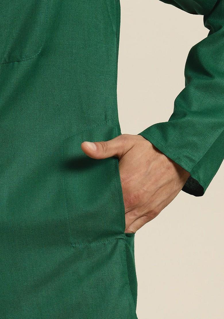 Green Solid Cotton Kurta For Men