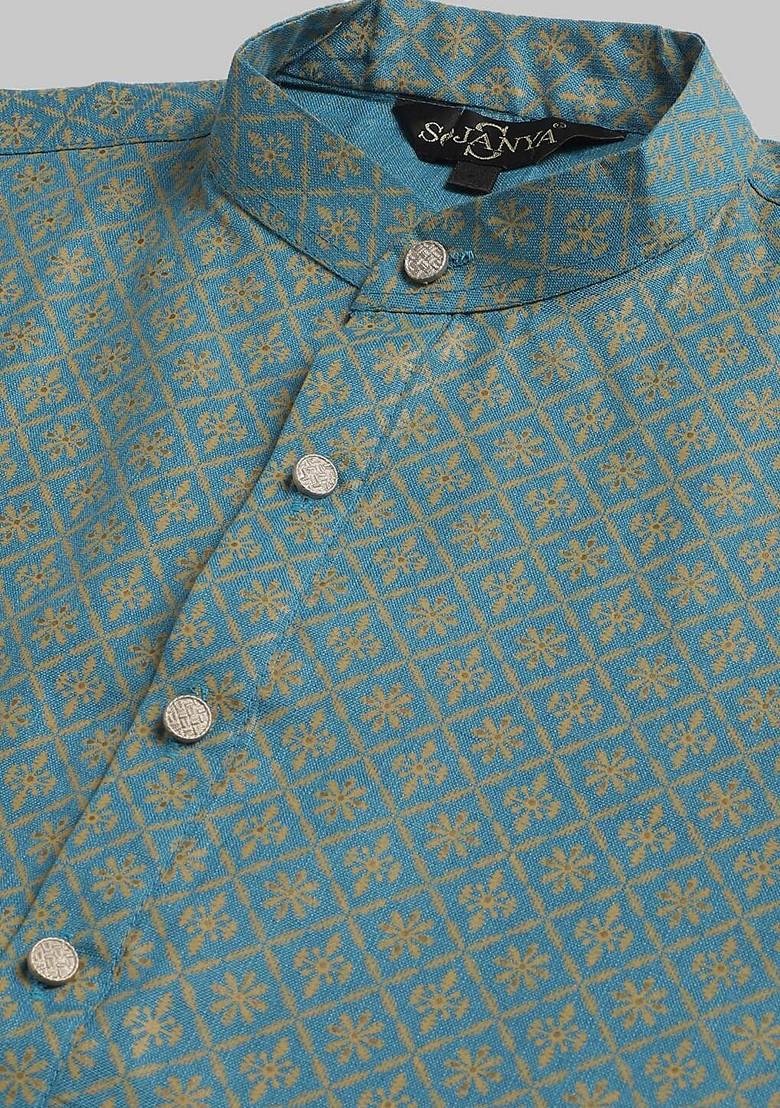 Teal Blue Printed Cotton Kurta For Men
