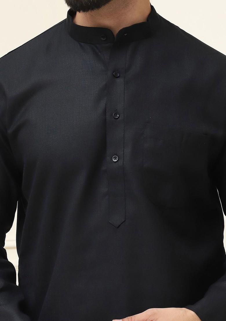 Black Solid Poly Blend Kurta For Men