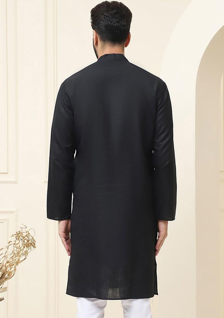 Black Solid Poly Blend Kurta For Men