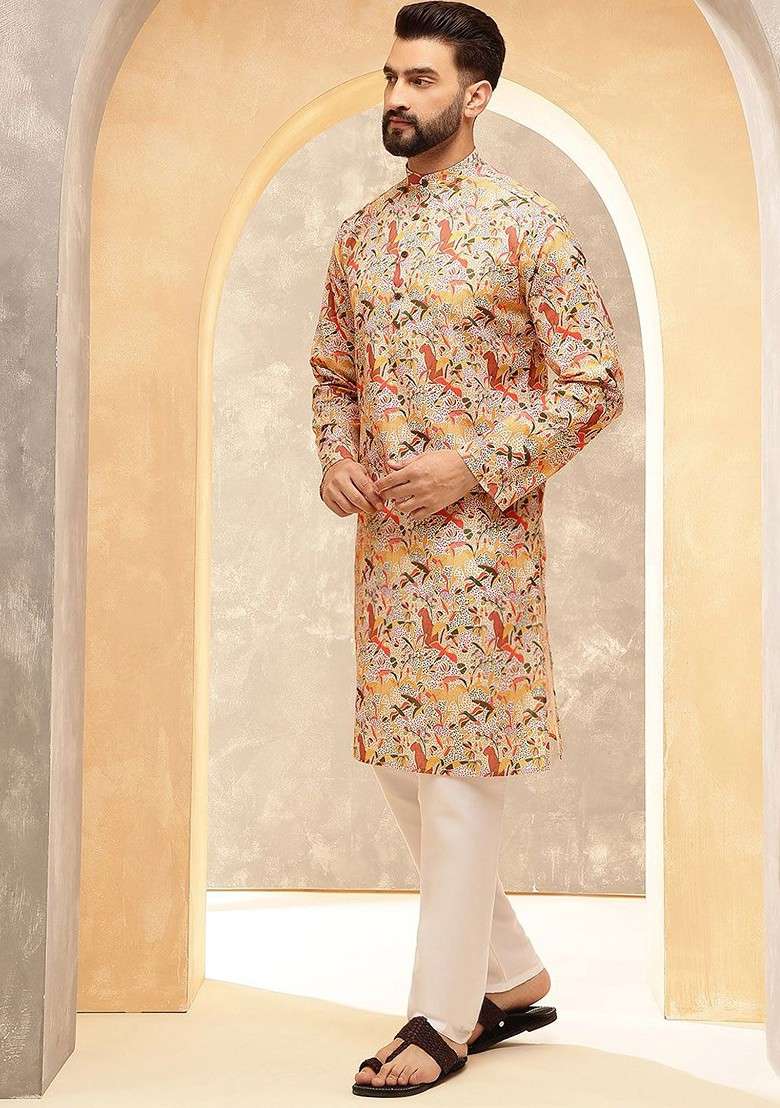 Yellow Ethnic Motifs Cotton Kurta For Men - Indya