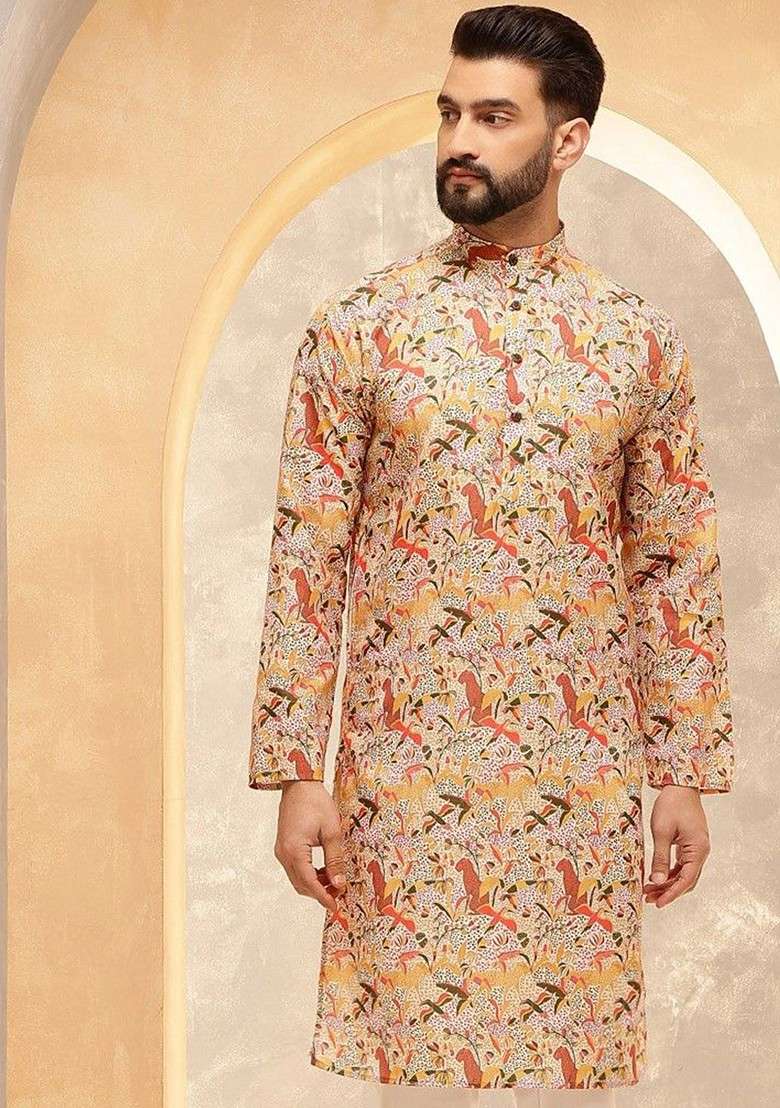 Yellow Ethnic Motifs Cotton Kurta For Men - Indya