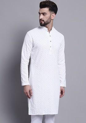 White Embroidered Cotton Kurta For Men