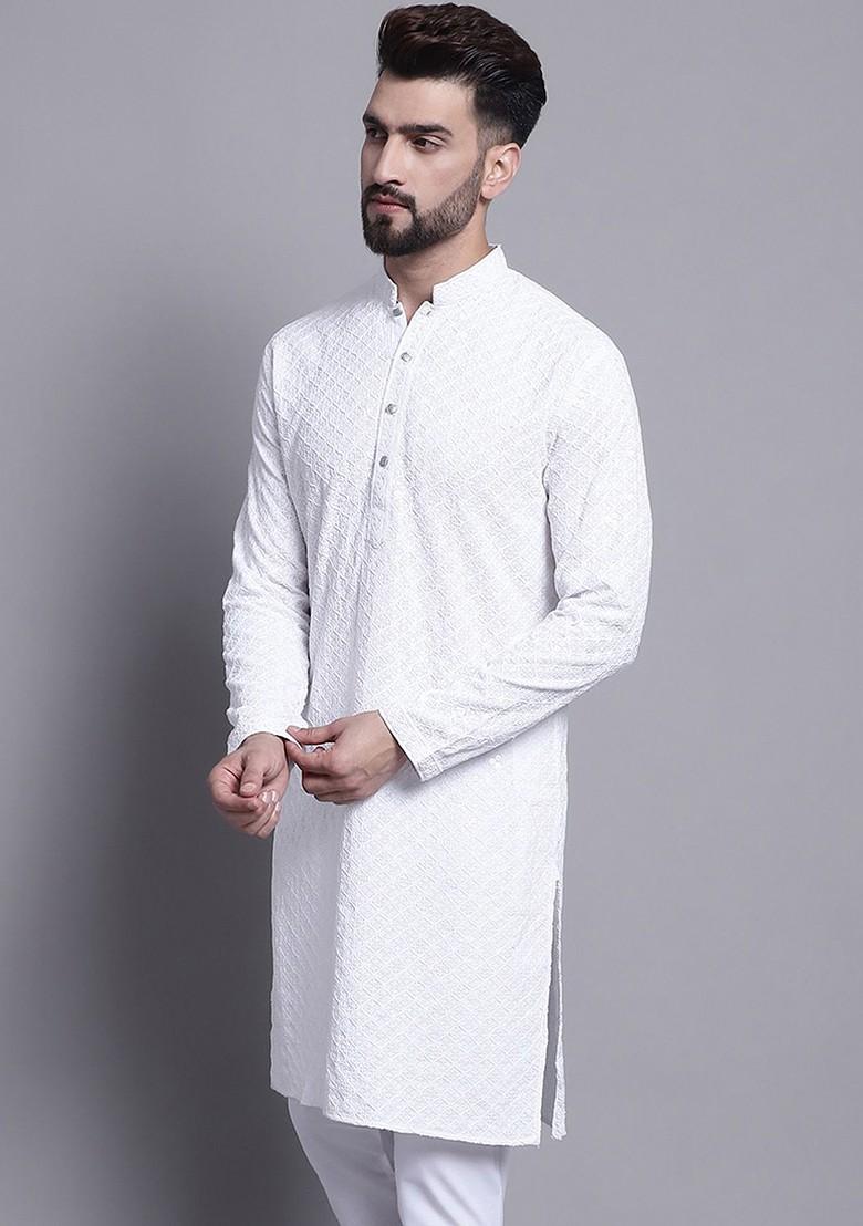 White Embroidered Cotton Kurta For Men