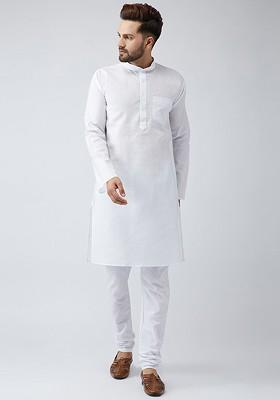White Solid Poly Blend Kurta For Men