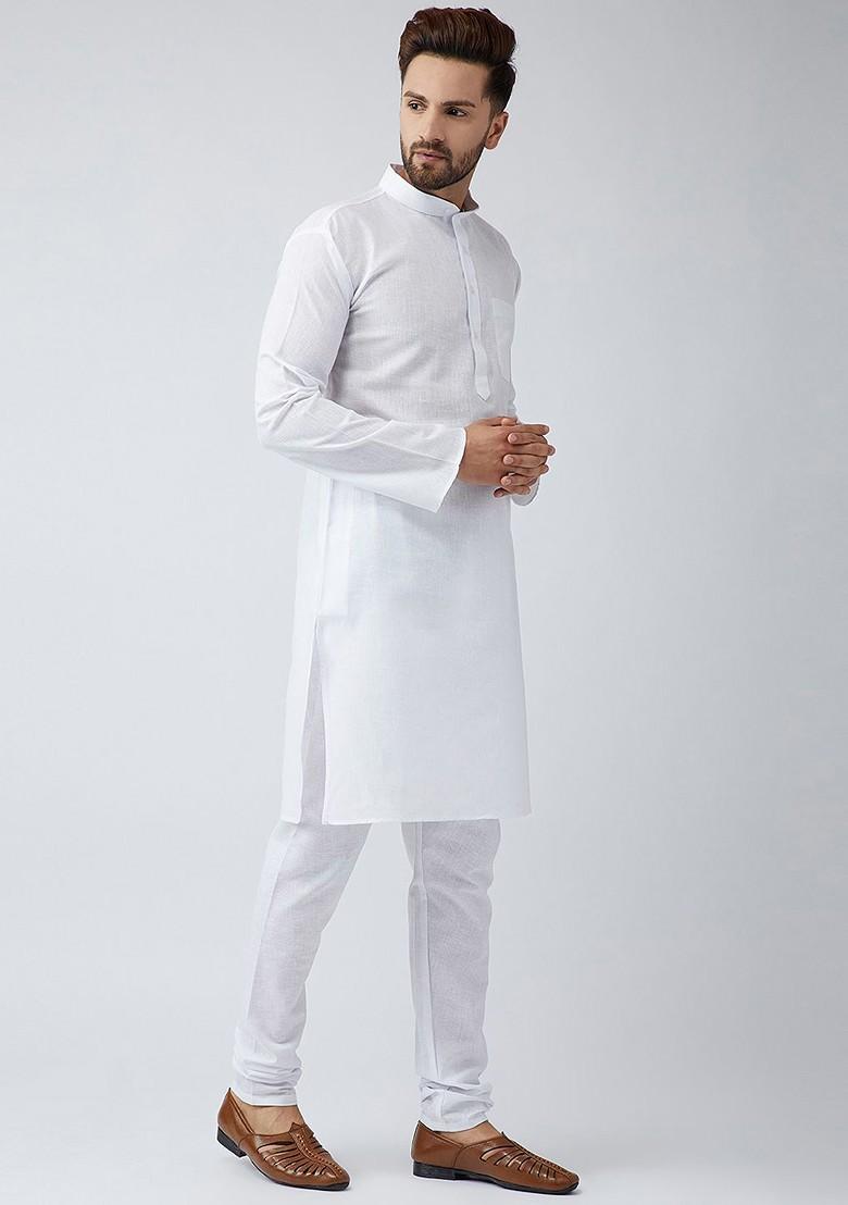 White Solid Poly Blend Kurta For Men