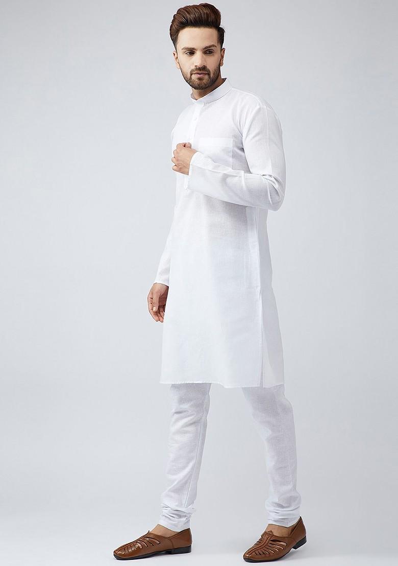 White Solid Poly Blend Kurta For Men