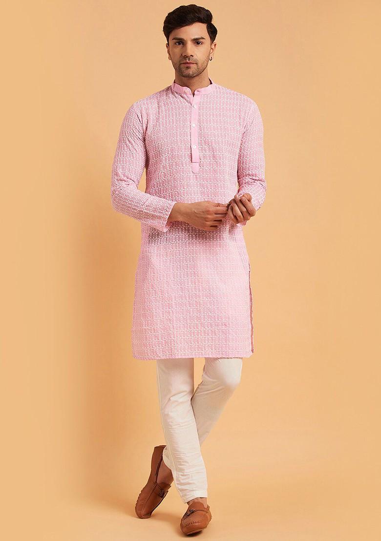 Pink Thread Work Cotton Kurta For Men