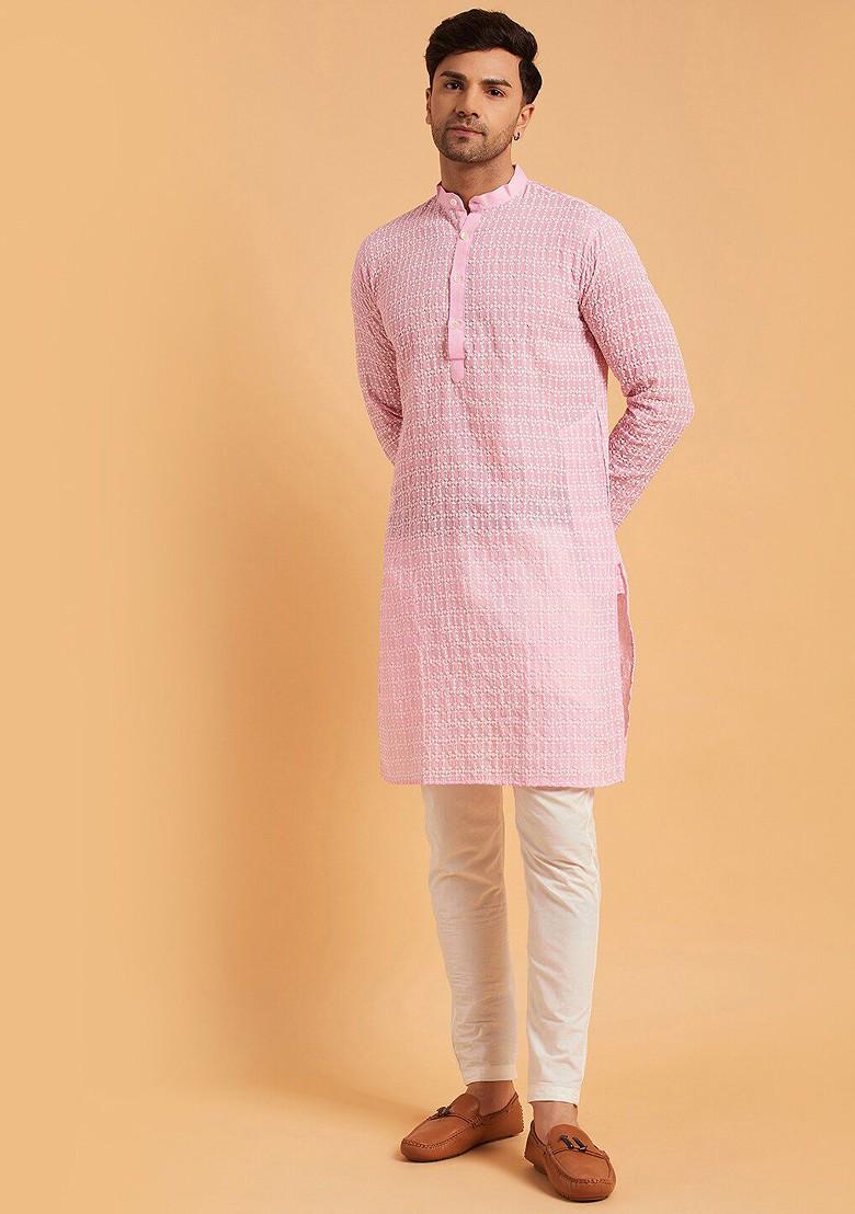 Pink Thread Work Cotton Kurta For Men