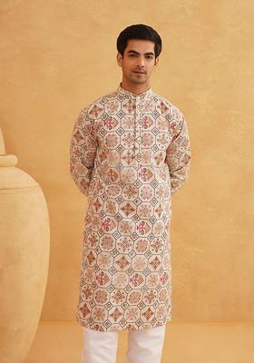 Cream Ethnic Motifs Poly Blend Kurta For Men