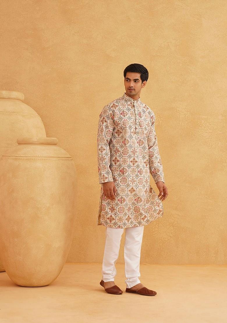 Cream Ethnic Motifs Poly Blend Kurta For Men