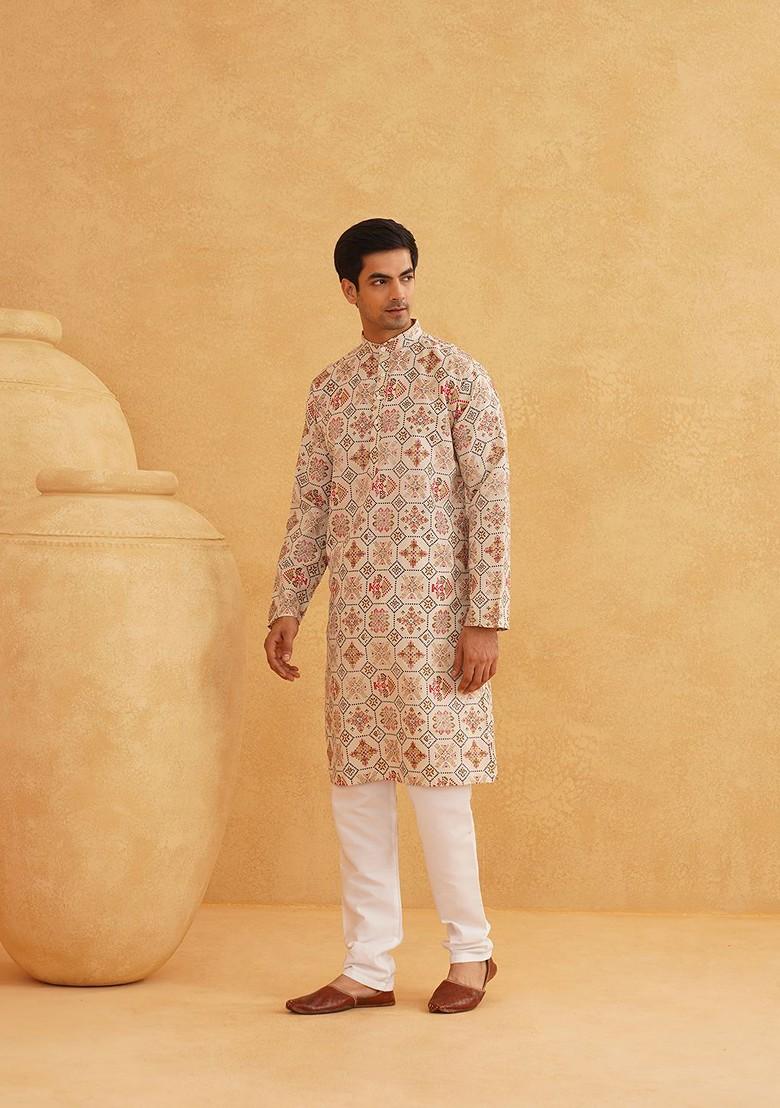 Cream Ethnic Motifs Poly Blend Kurta For Men