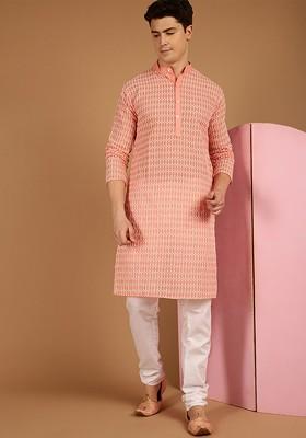 Peach Thread Work Cotton Kurta For Men