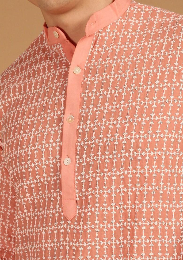 Peach Thread Work Cotton Kurta For Men