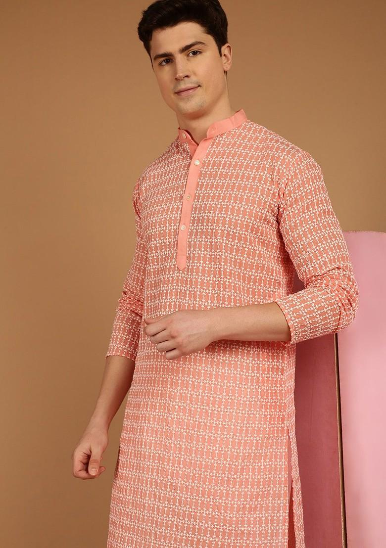 Peach Thread Work Cotton Kurta For Men