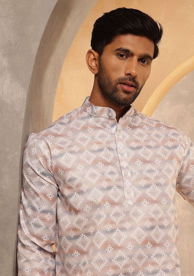 Beige Printed Cotton Kurta For Men - Indya