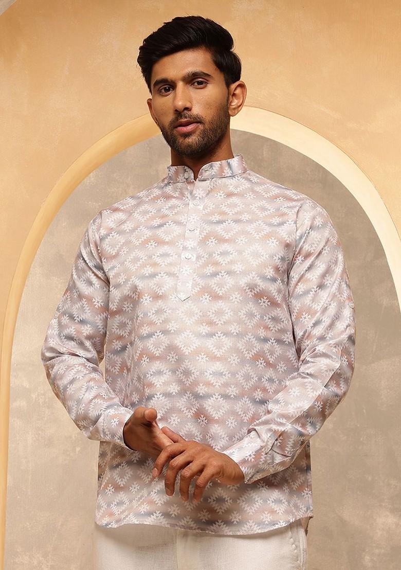 Beige Printed Cotton Kurta For Men