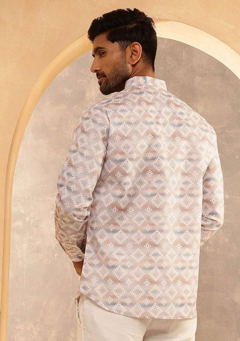 Beige Printed Cotton Kurta For Men - Indya