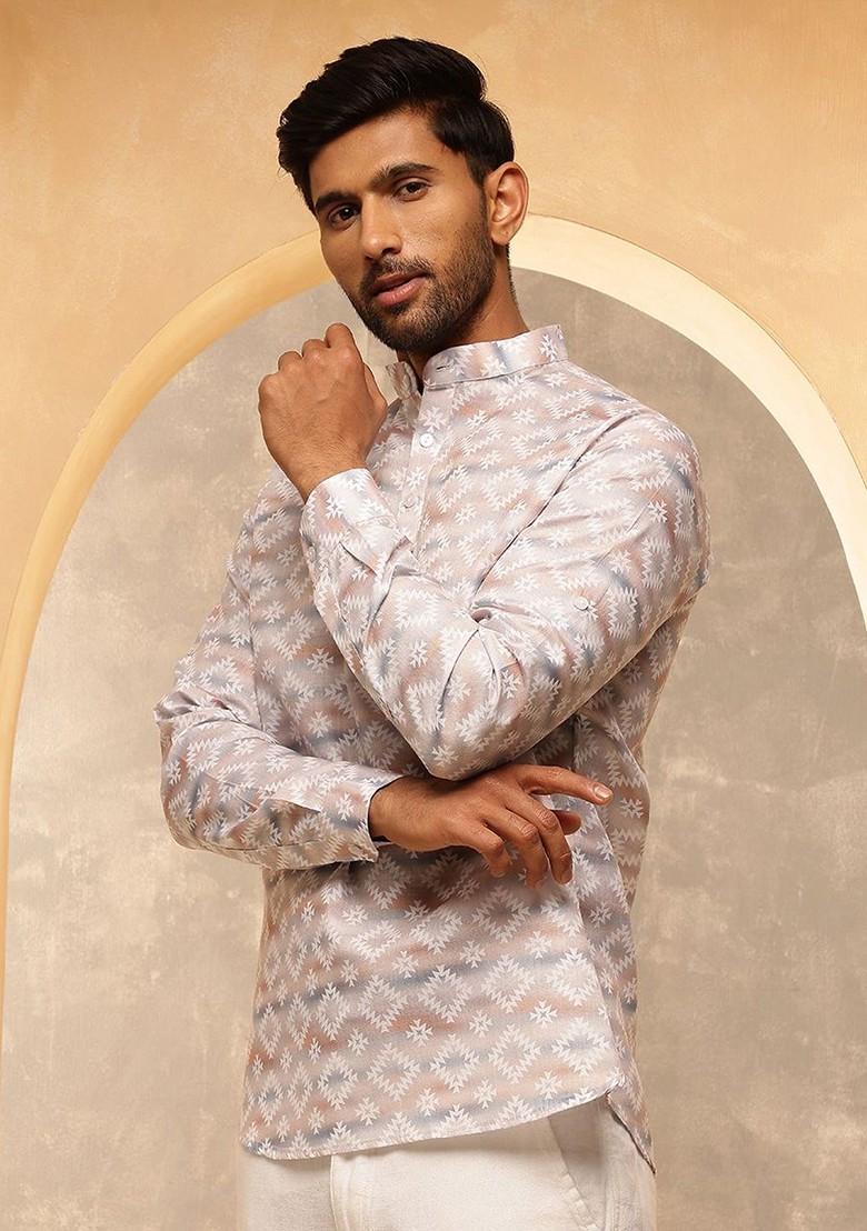 Beige Printed Cotton Kurta For Men