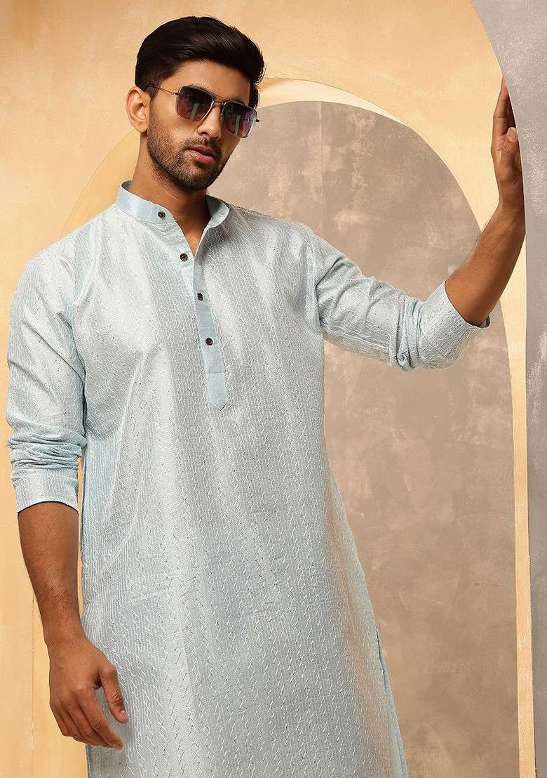 Blue Thread Work Poly Blend Kurta For Men - Indya