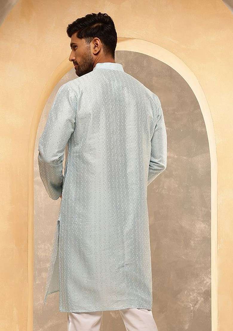 Blue Thread Work Poly Blend Kurta For Men - Indya