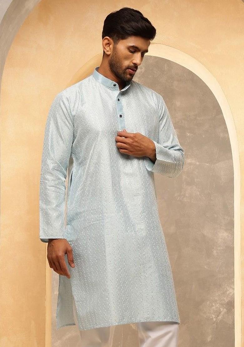 Blue Thread Work Poly Blend Kurta For Men