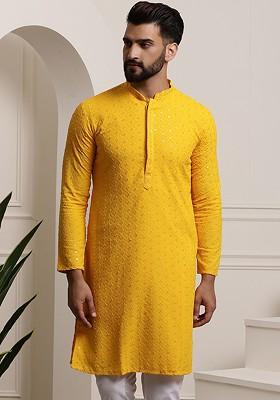 Mustard Embroidered Cotton Kurta For Men