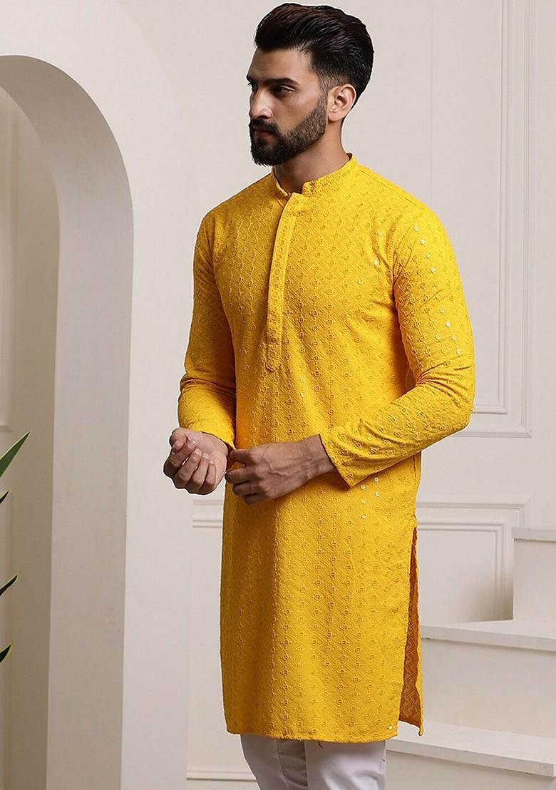 Mustard Embroidered Cotton Kurta For Men