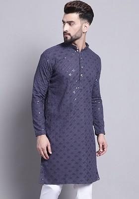 Grey Embroidered Cotton Kurta For Men