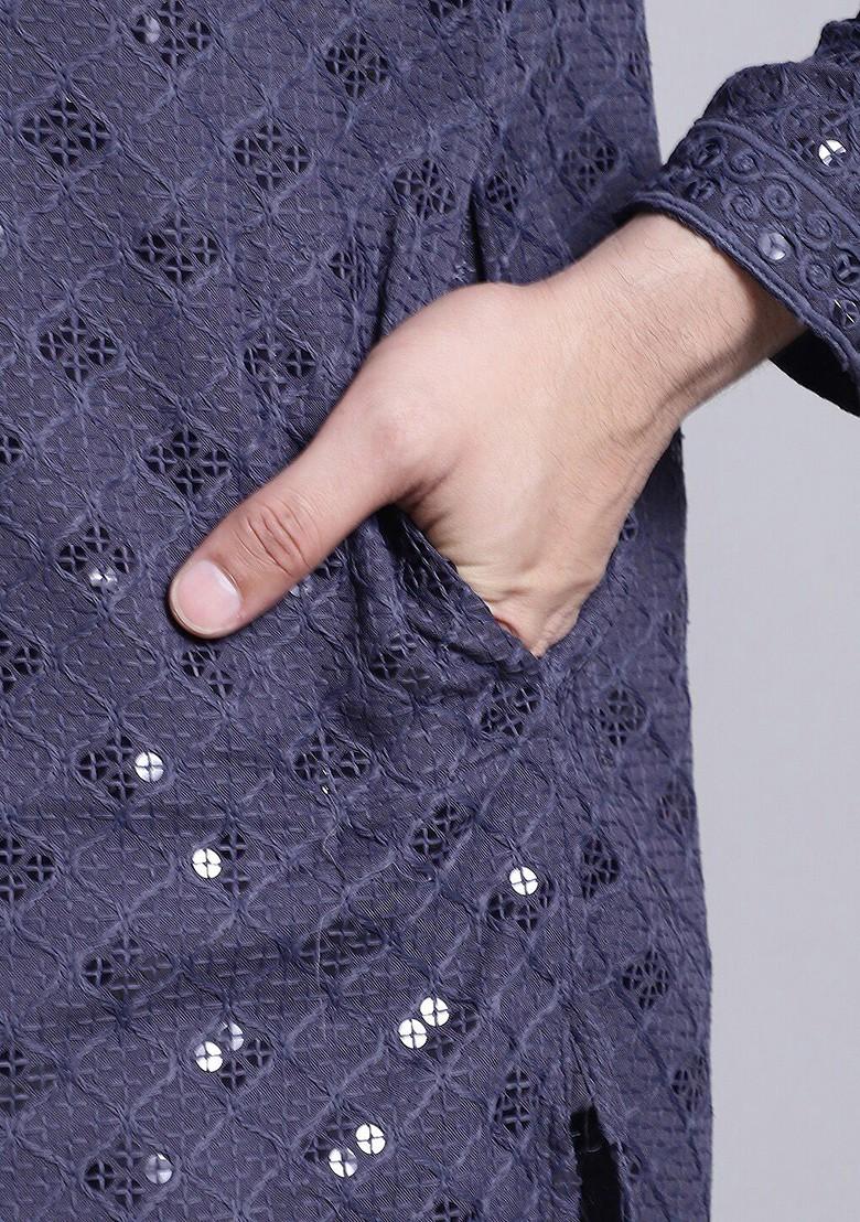 Grey Embroidered Cotton Kurta For Men