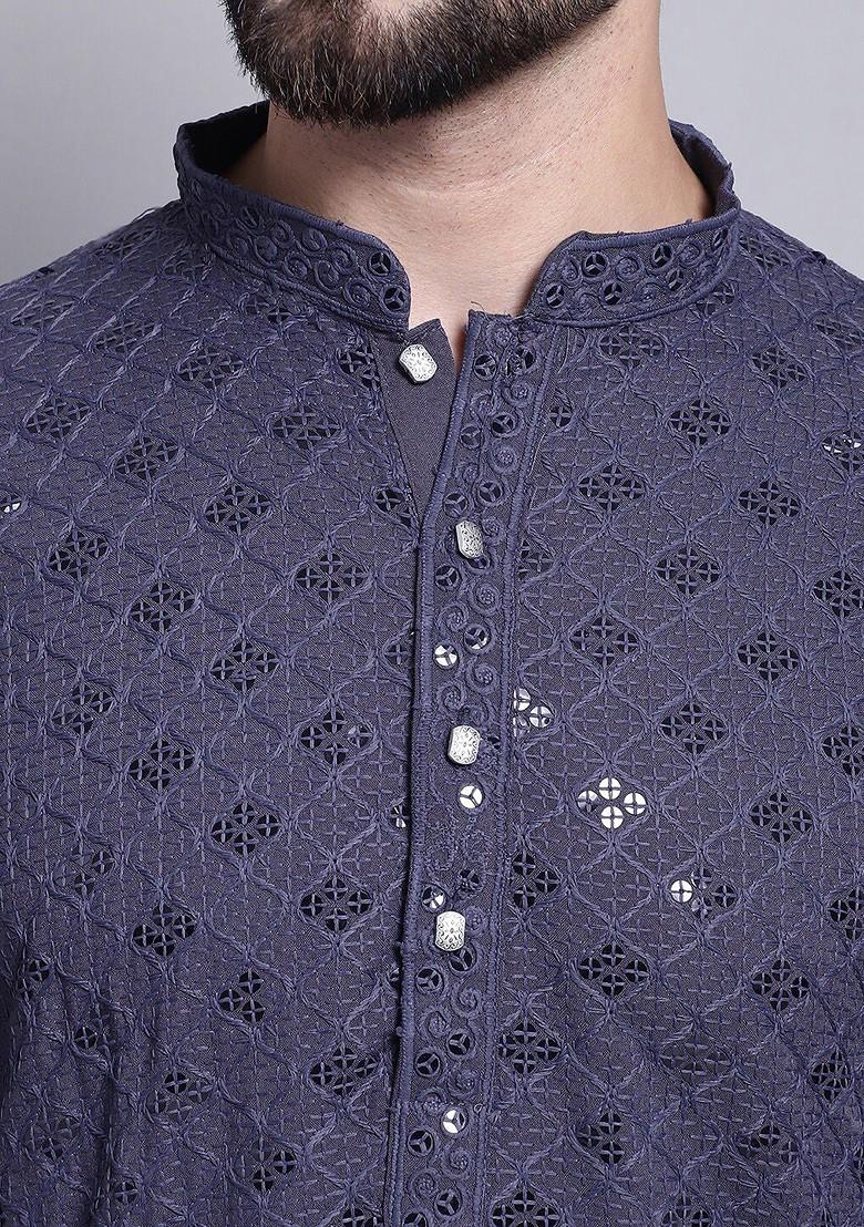 Grey Embroidered Cotton Kurta For Men