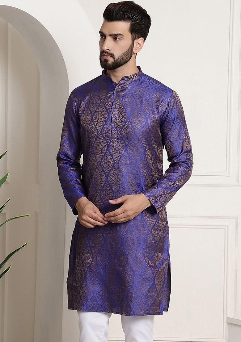 Blue Ethnic Motifs Jacquard Kurta For Men