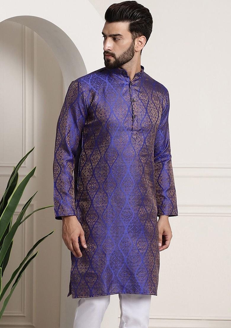 Blue Ethnic Motifs Jacquard Kurta For Men